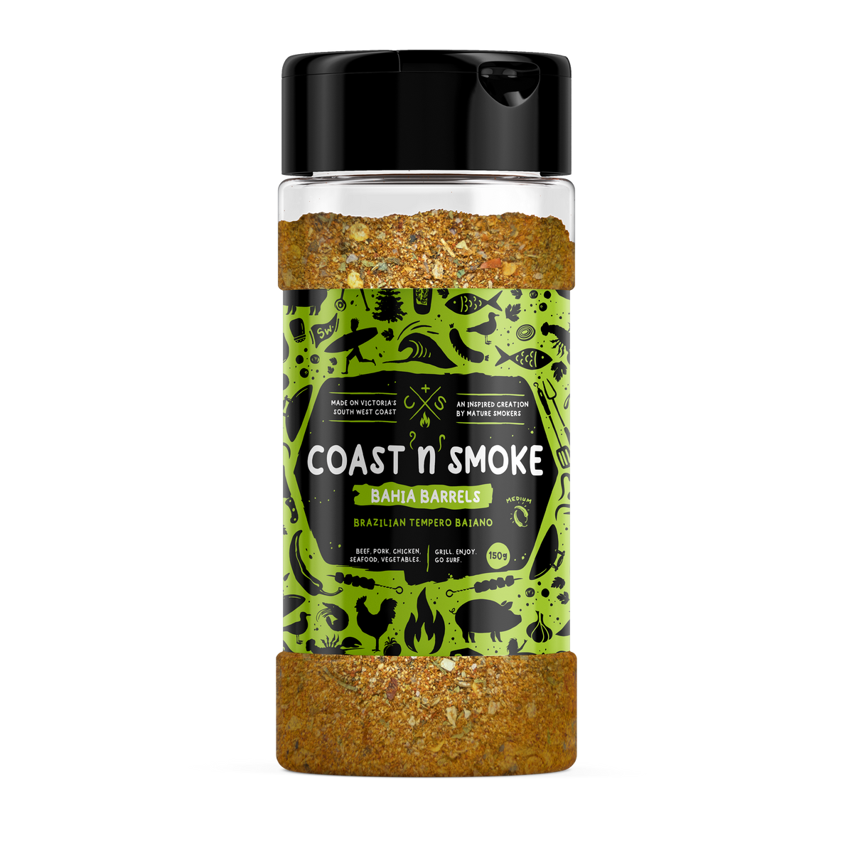 Coast n Smoke Bahia Barrels rub 150g, front of shaker on transparent background