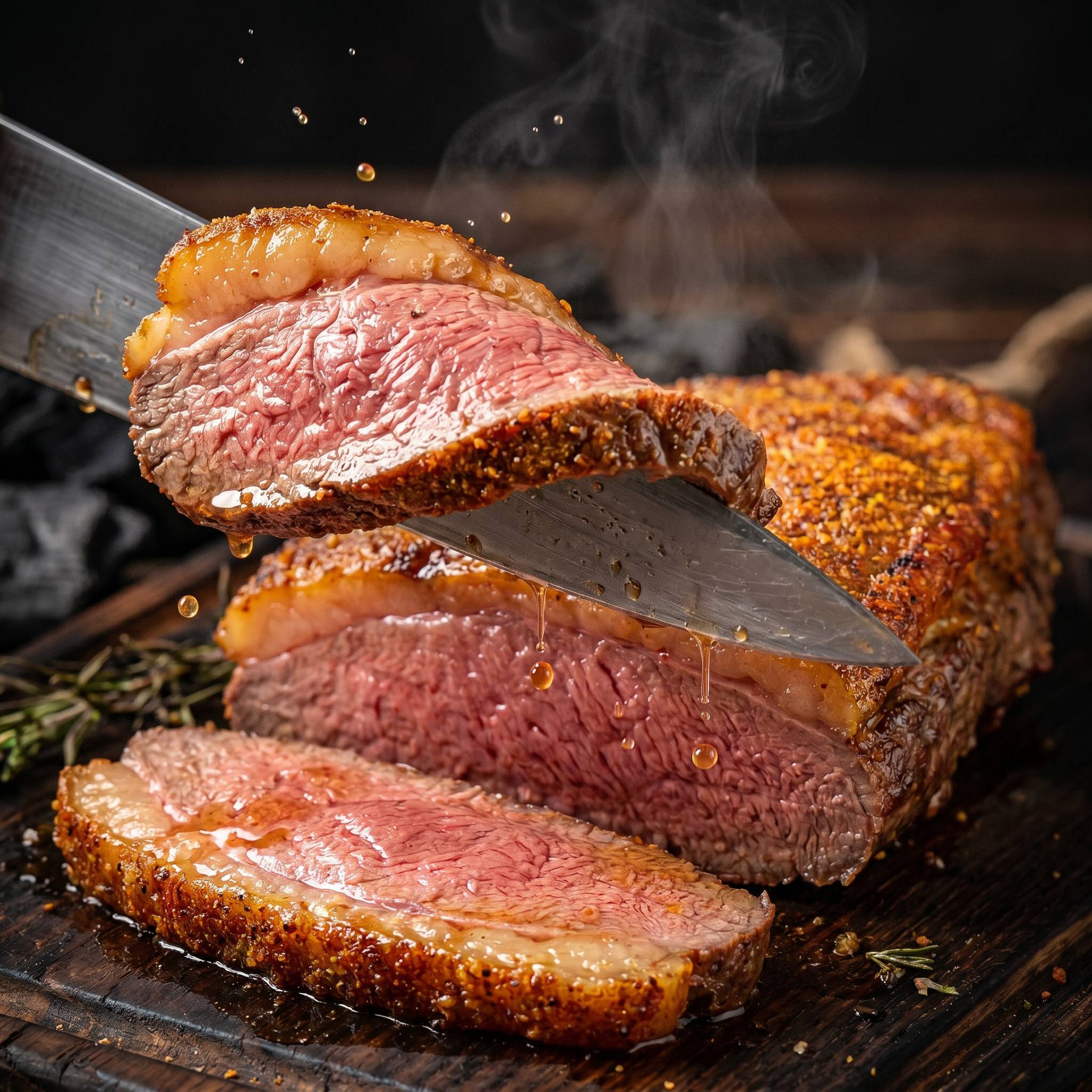 Coast n Smoke Bahia Barrels rub — slicing grilled picanha to reveal a juicy rosy-pink medium interior