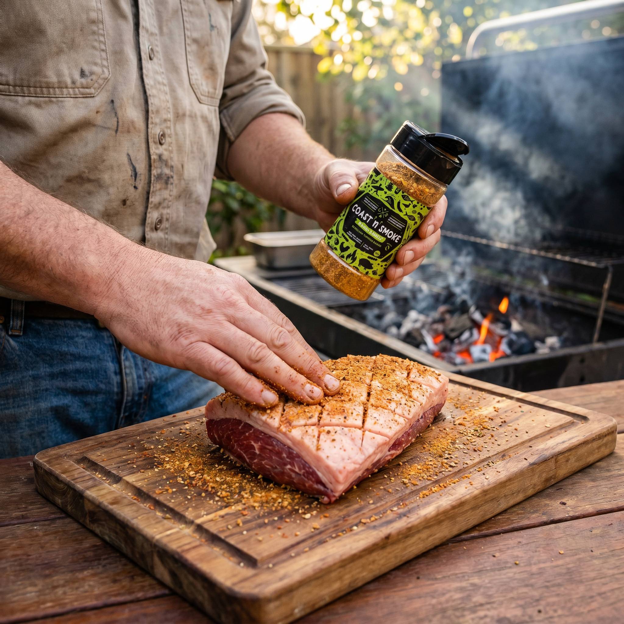 Coast n Smoke Bahia Barrels rub — cook rubbing the Brazilian spice into a raw picanha fat cap