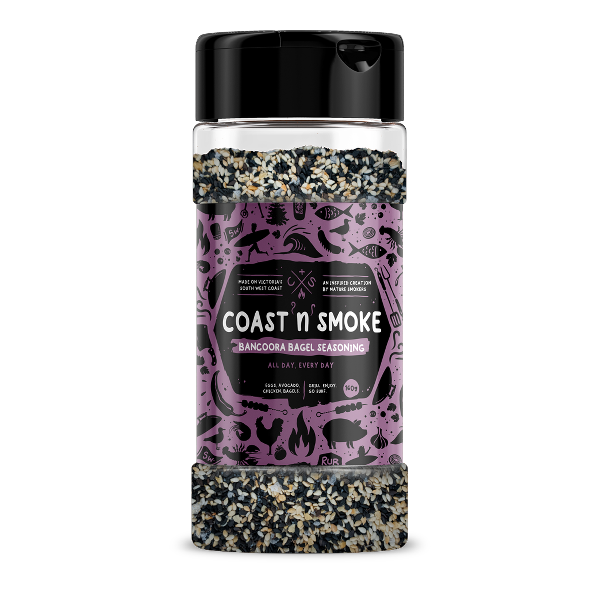 Coast n Smoke Bancoora Bagel seasoning 180g, front of shaker on transparent background
