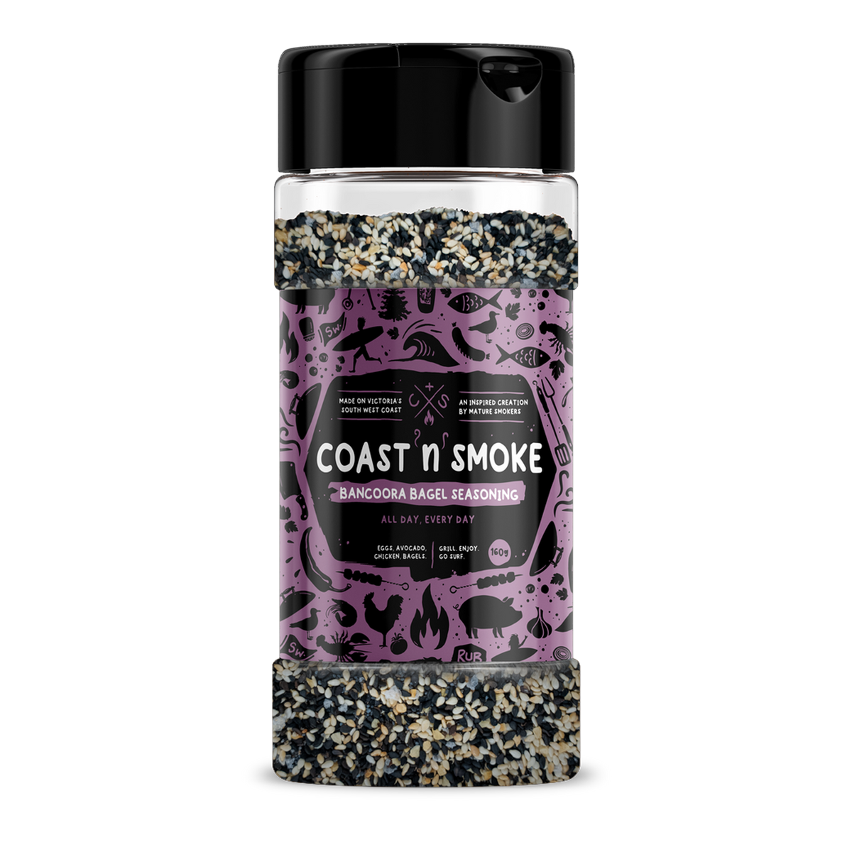 Coast n Smoke Bancoora Bagel seasoning 180g, front of shaker on transparent background