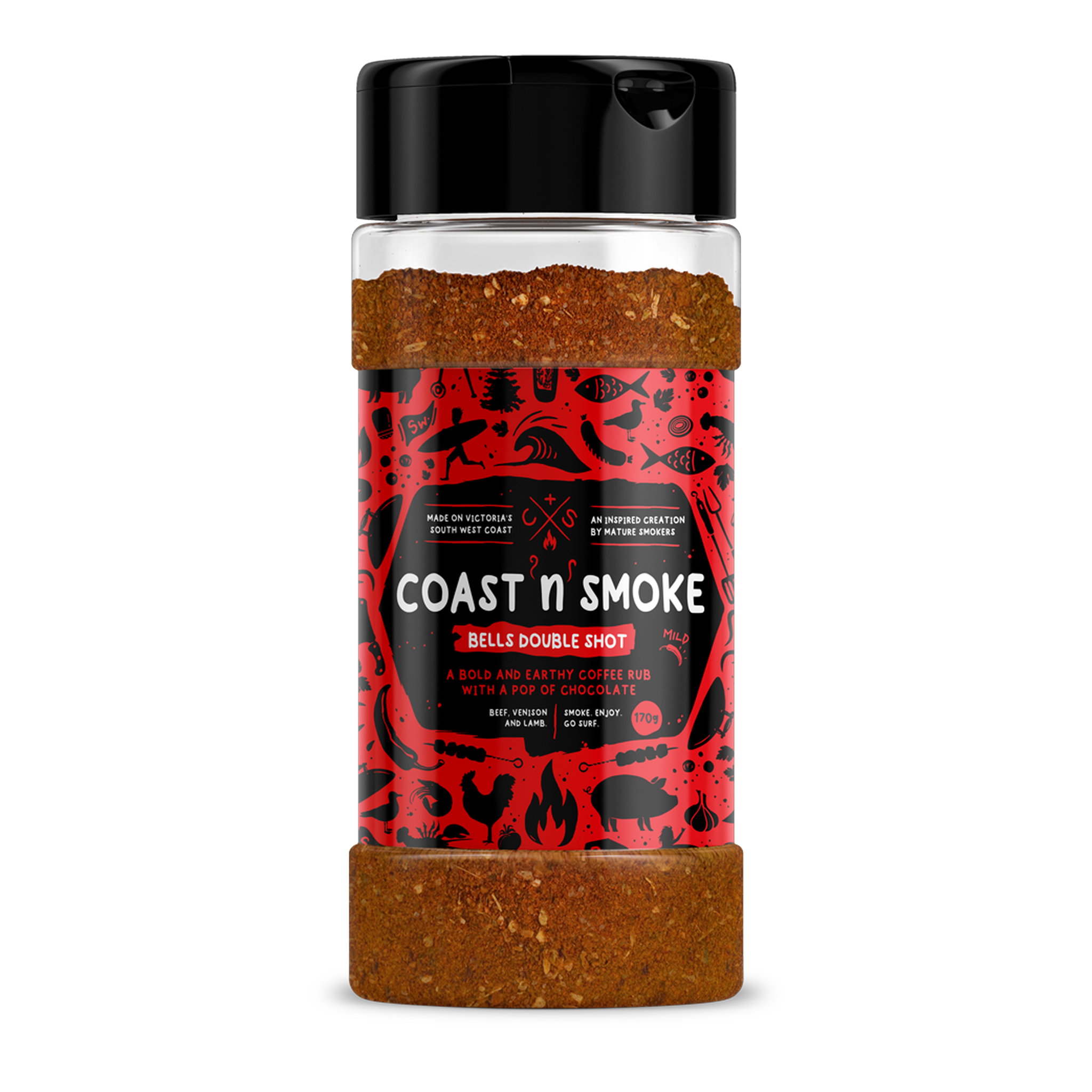 Coast n Smoke Bells Double Shot rub 170g, front of shaker on transparent background