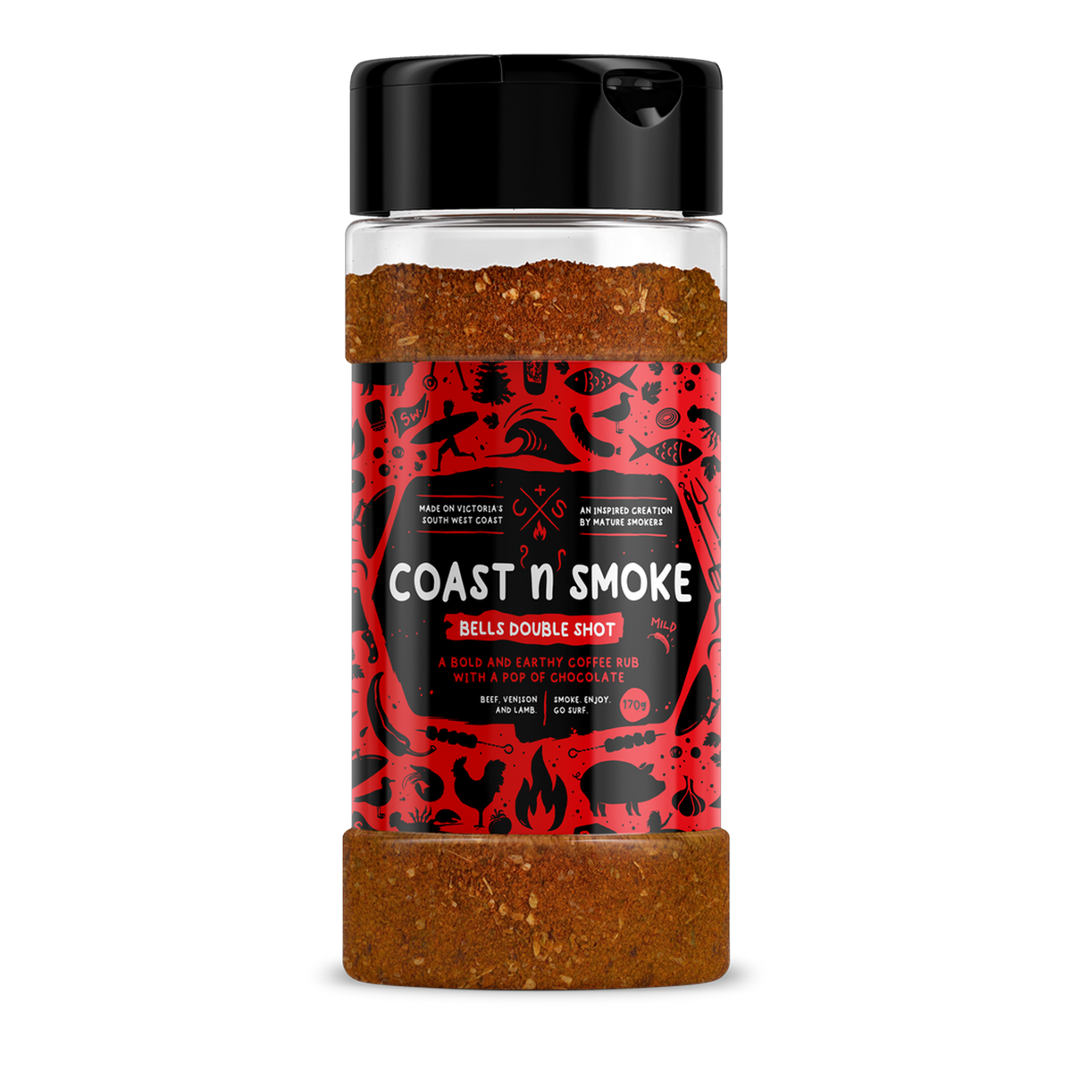 Coast n Smoke Bells Double Shot rub 170g, front of shaker on transparent background