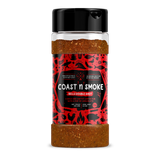 Coast n Smoke Bells Double Shot rub 170g, front of shaker on transparent background