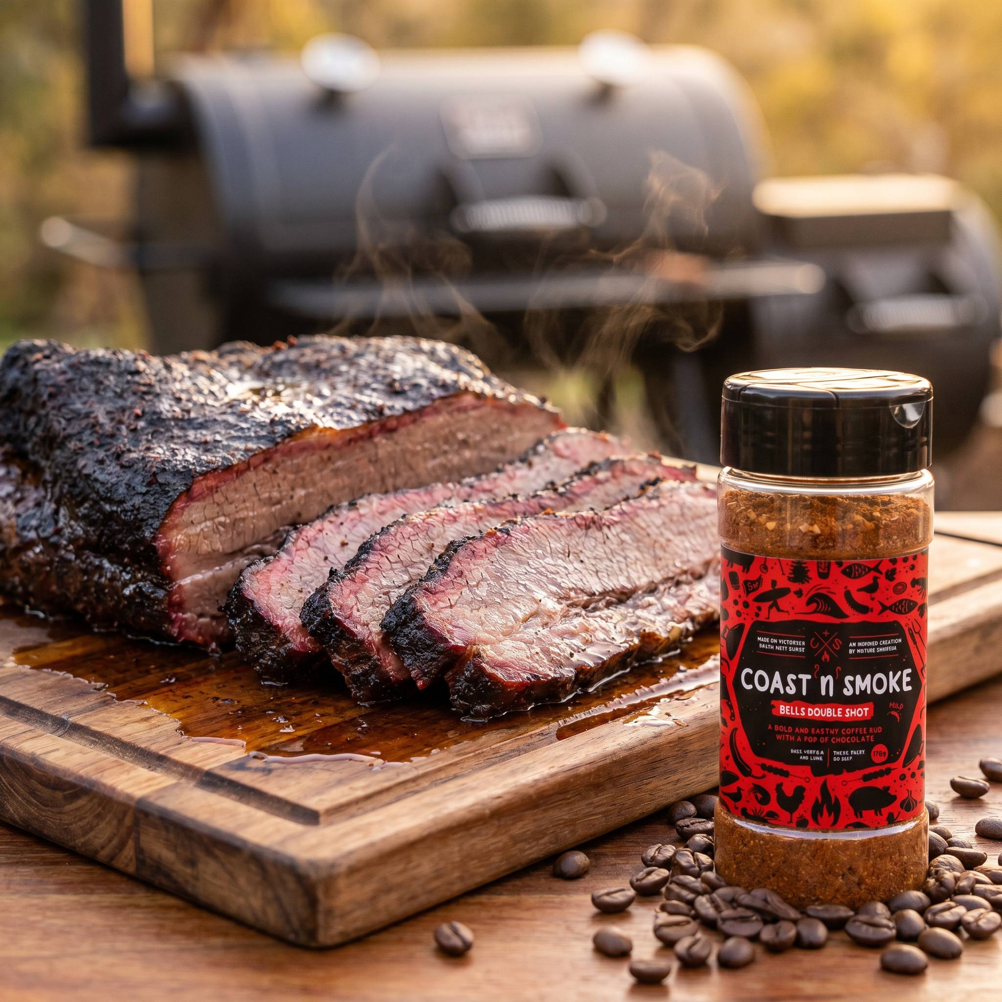 Coast n Smoke Bells Double Shot coffee rub — sliced smoked beef brisket with a dark coffee bark and smoke ring on a board