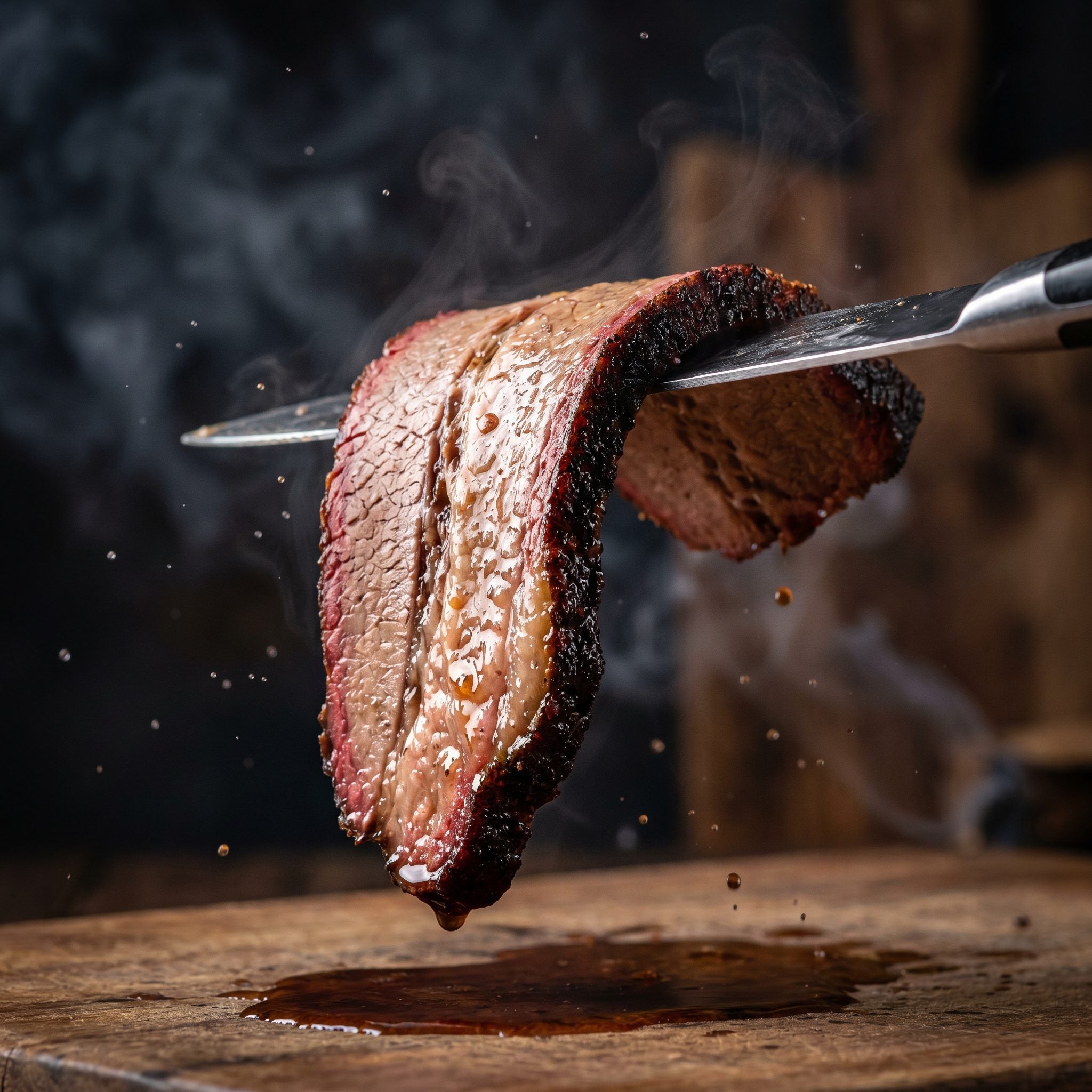 Coast n Smoke Bells Double Shot coffee rub — a moist smoked brisket slice draping over a knife, tender and juicy
