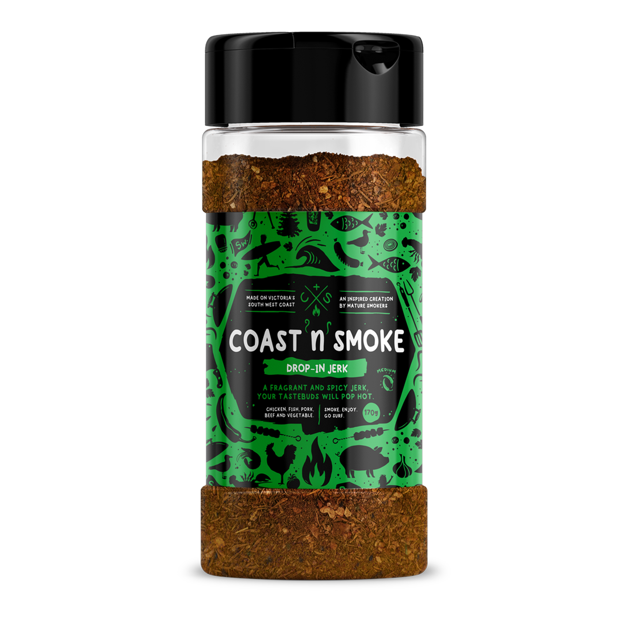 Coast n Smoke Drop-In Jerk rub 170g, front of shaker on transparent background