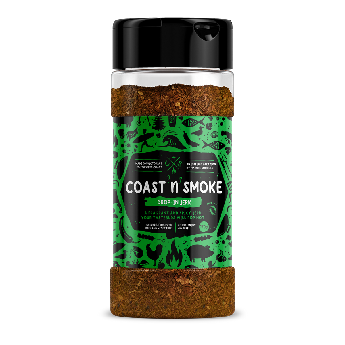 Coast n Smoke Drop-In Jerk rub 170g, front of shaker on transparent background
