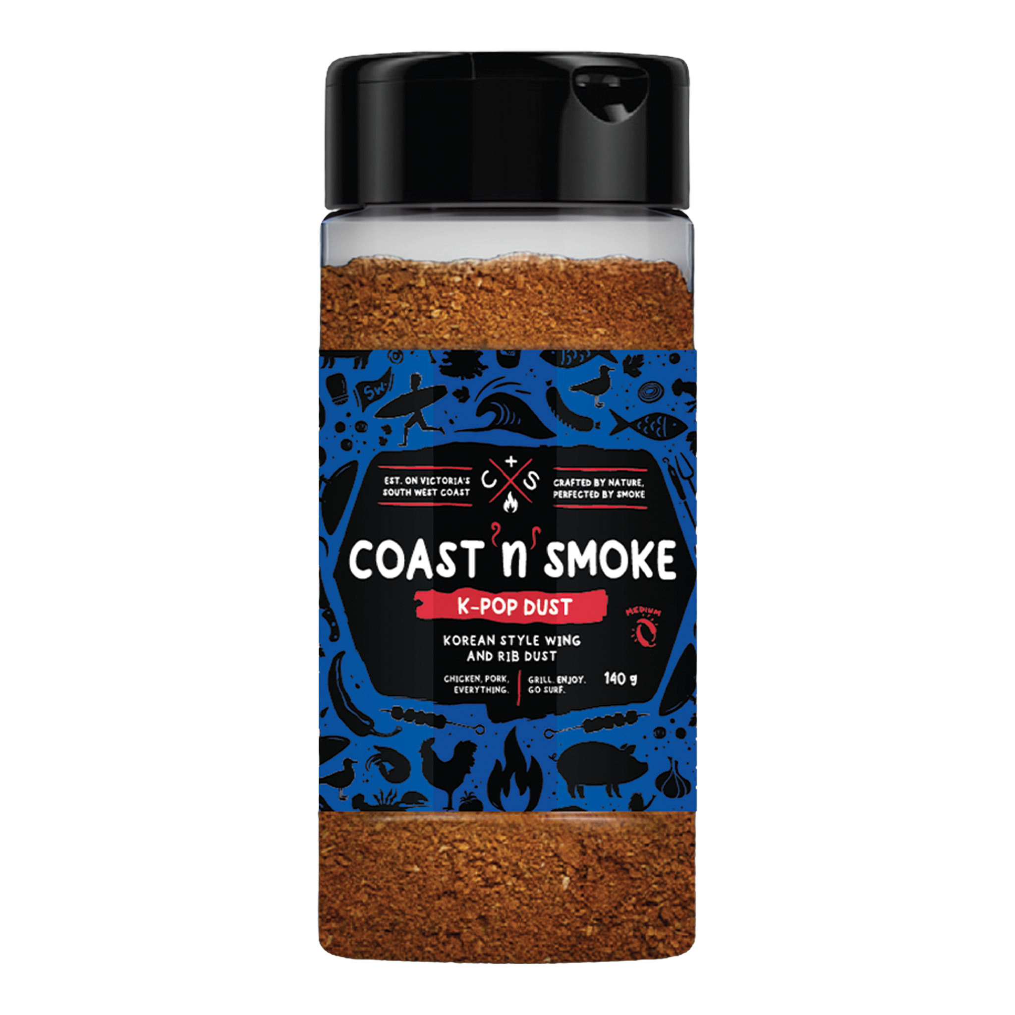 Coast n Smoke K-Pop Dust Korean BBQ rub 150g, front of shaker on transparent background