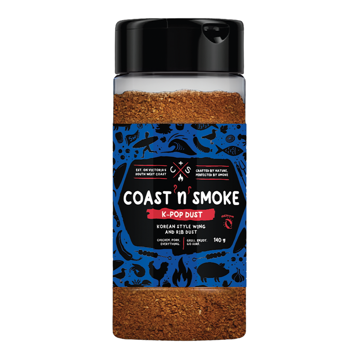 Coast n Smoke K-Pop Dust Korean BBQ rub 150g, front of shaker on transparent background