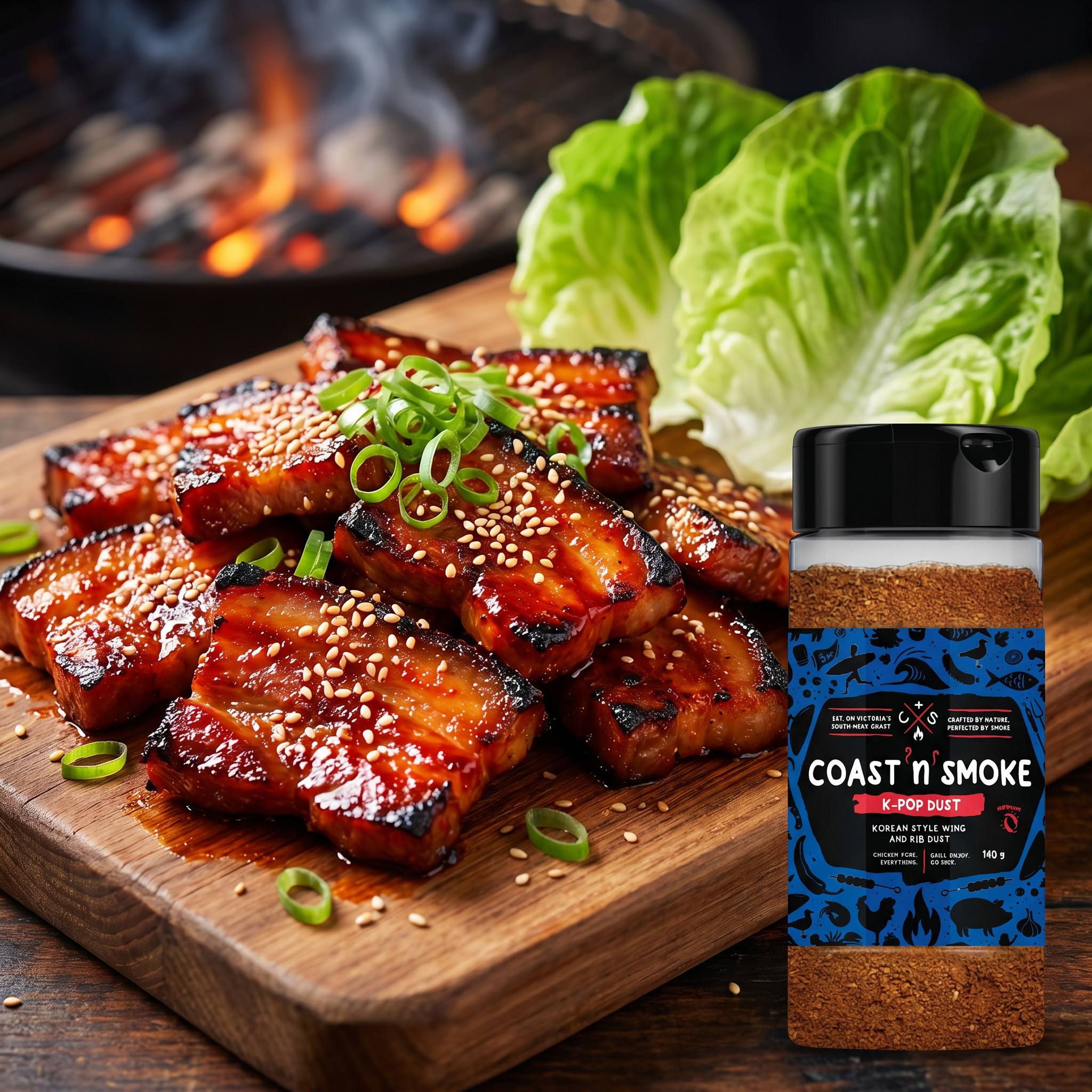 Coast n Smoke K-Pop Dust Korean BBQ — glossy lacquered pork belly with gochugaru glaze, sesame and spring onion