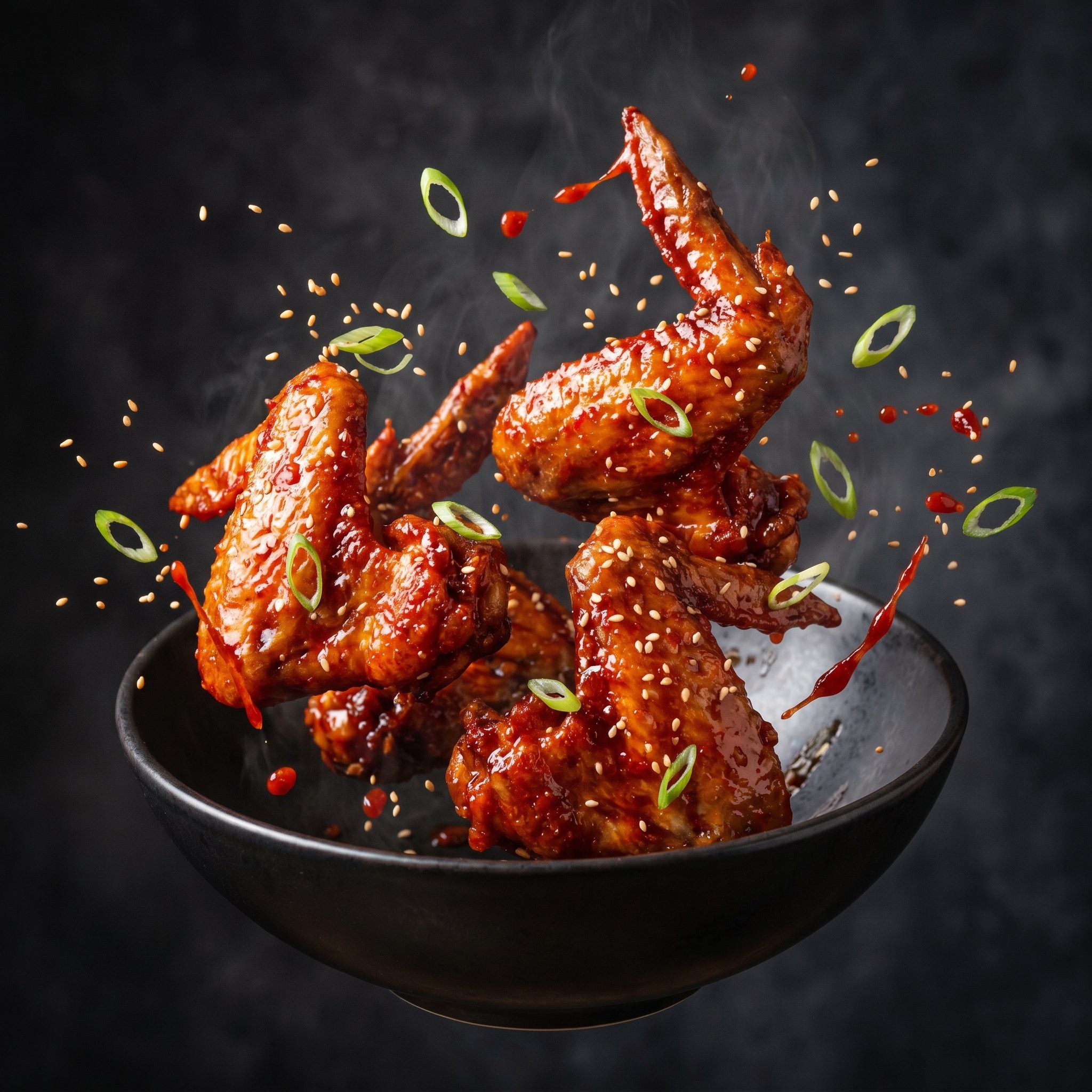 Coast n Smoke K-Pop Dust Korean BBQ — lacquered Korean chicken wings caught mid-toss with sesame scattering
