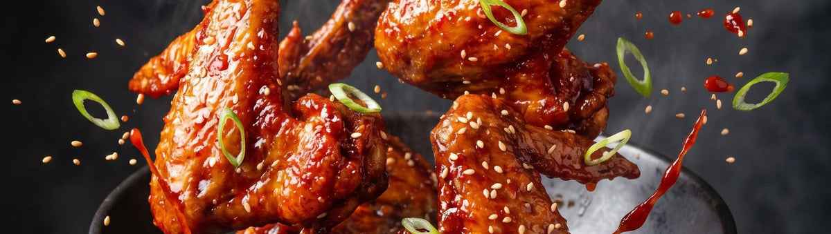Coast n Smoke K-Pop Dust Korean BBQ Rub 150g banner — sticky lacquered Korean chicken wings with sesame