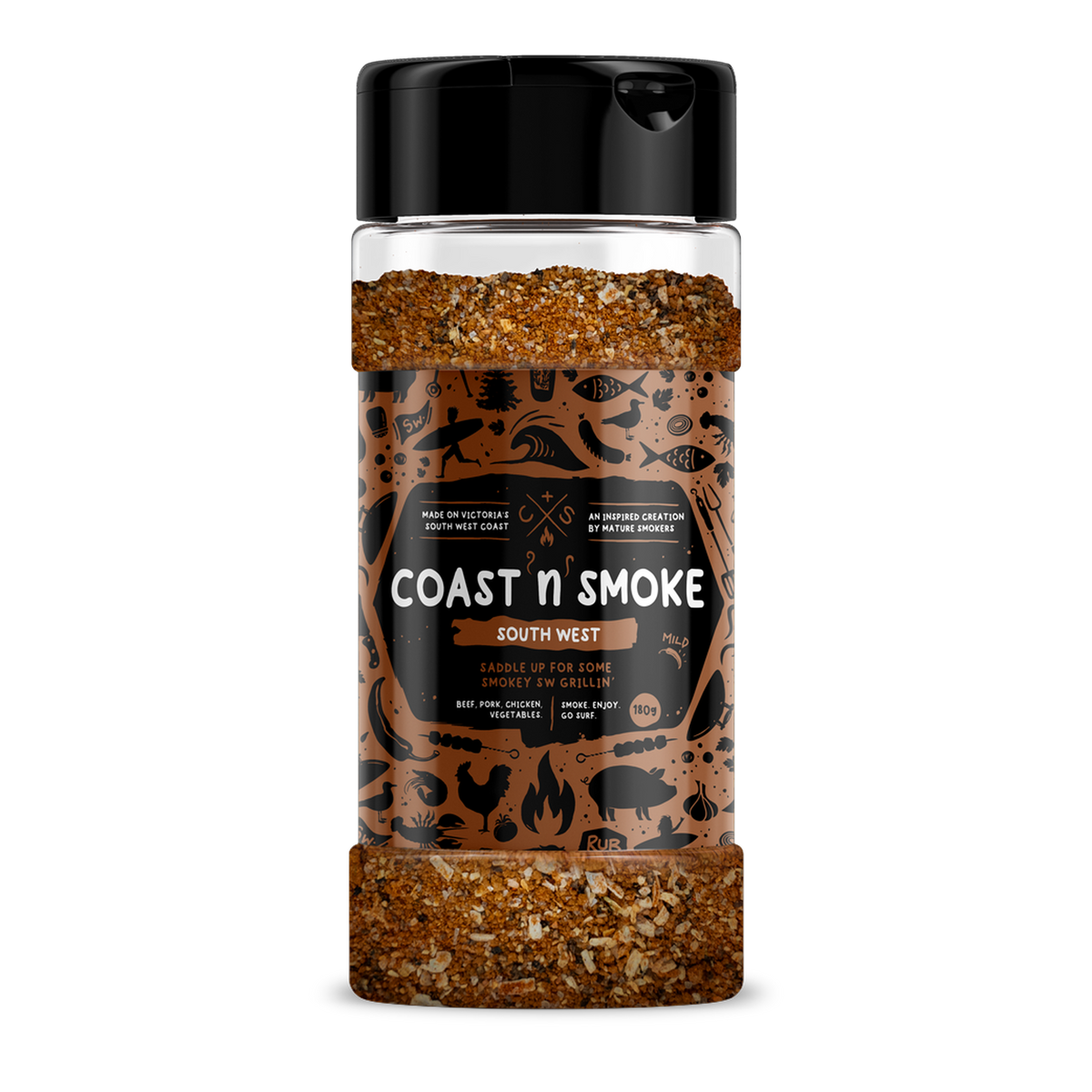 Coast n Smoke South West rub 180g, front of shaker on transparent background