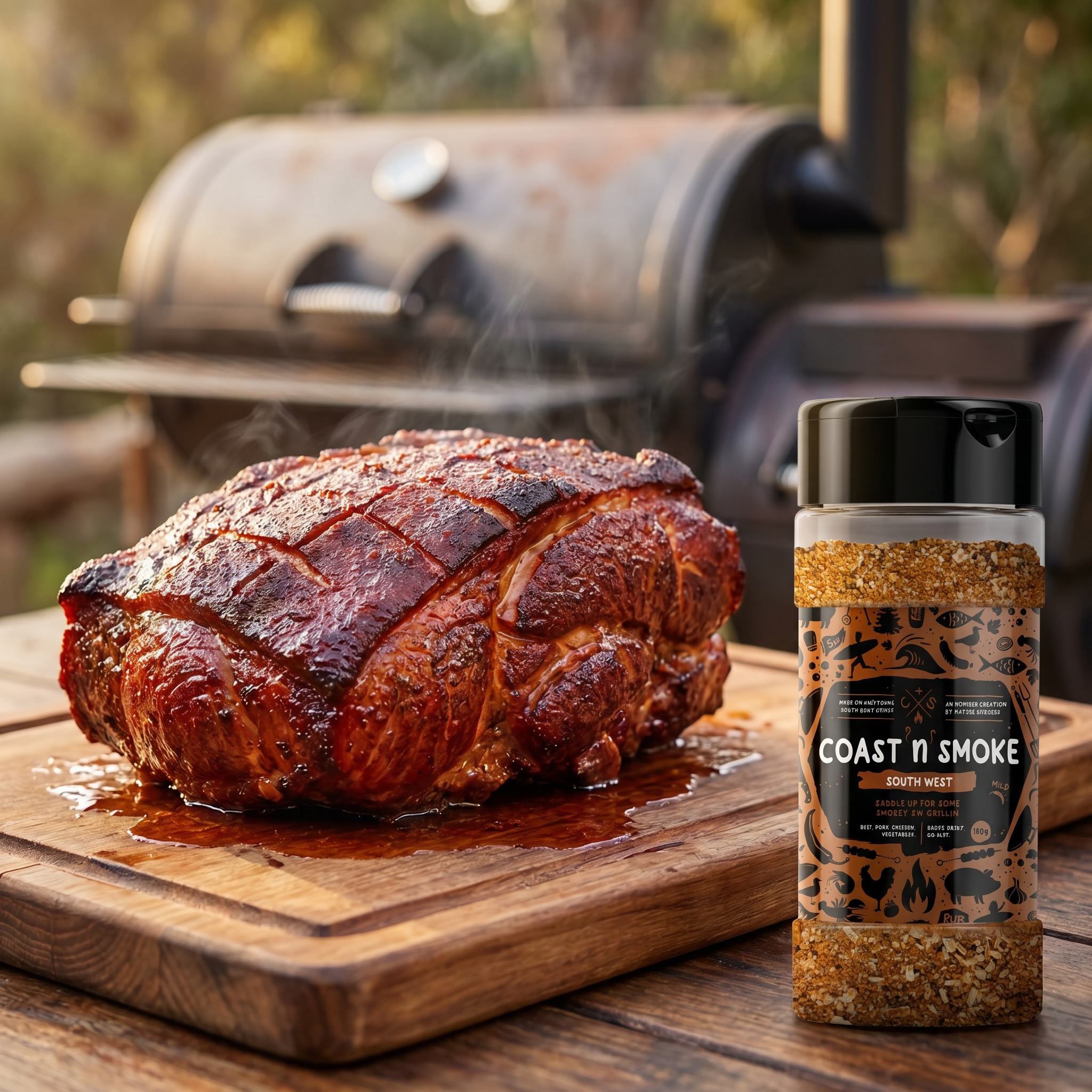 Coast n Smoke South West rub — whole smoked pork shoulder with a brick-red smoked-paprika bark on a board