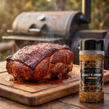 Coast n Smoke South West rub — whole smoked pork shoulder with a brick-red smoked-paprika bark on a board