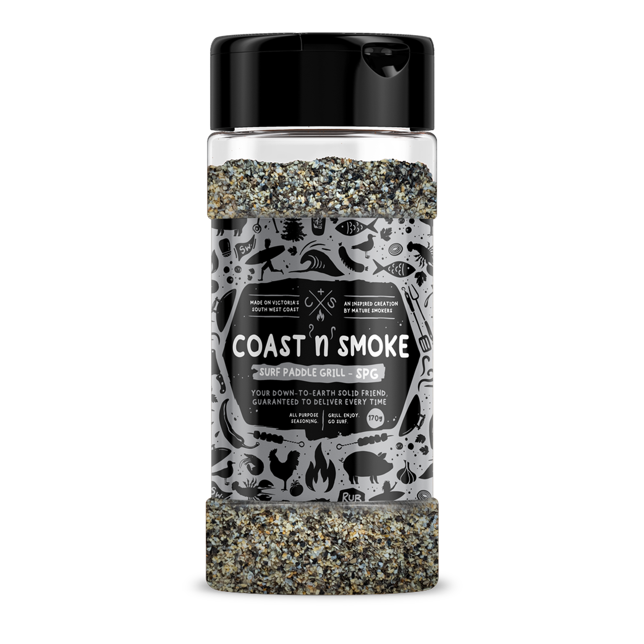 Coast n Smoke Surf Paddle Grill SPG seasoning 170g, front of shaker on transparent background