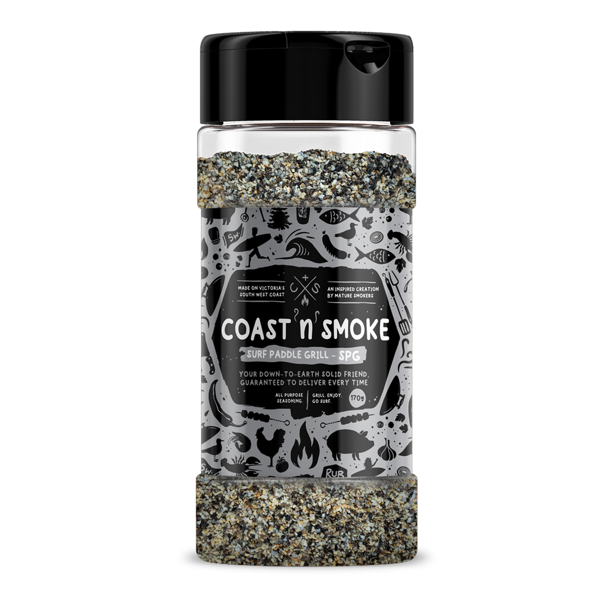 Coast n Smoke Surf Paddle Grill SPG seasoning 170g, front of shaker on transparent background