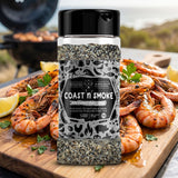 Coast n Smoke SPG salt pepper garlic — platter of chargrilled garlic prawns with glossy charred edges and lemon