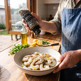 Coast n Smoke SPG salt pepper garlic — cook seasoning raw prawns with the salt-pepper-garlic blend