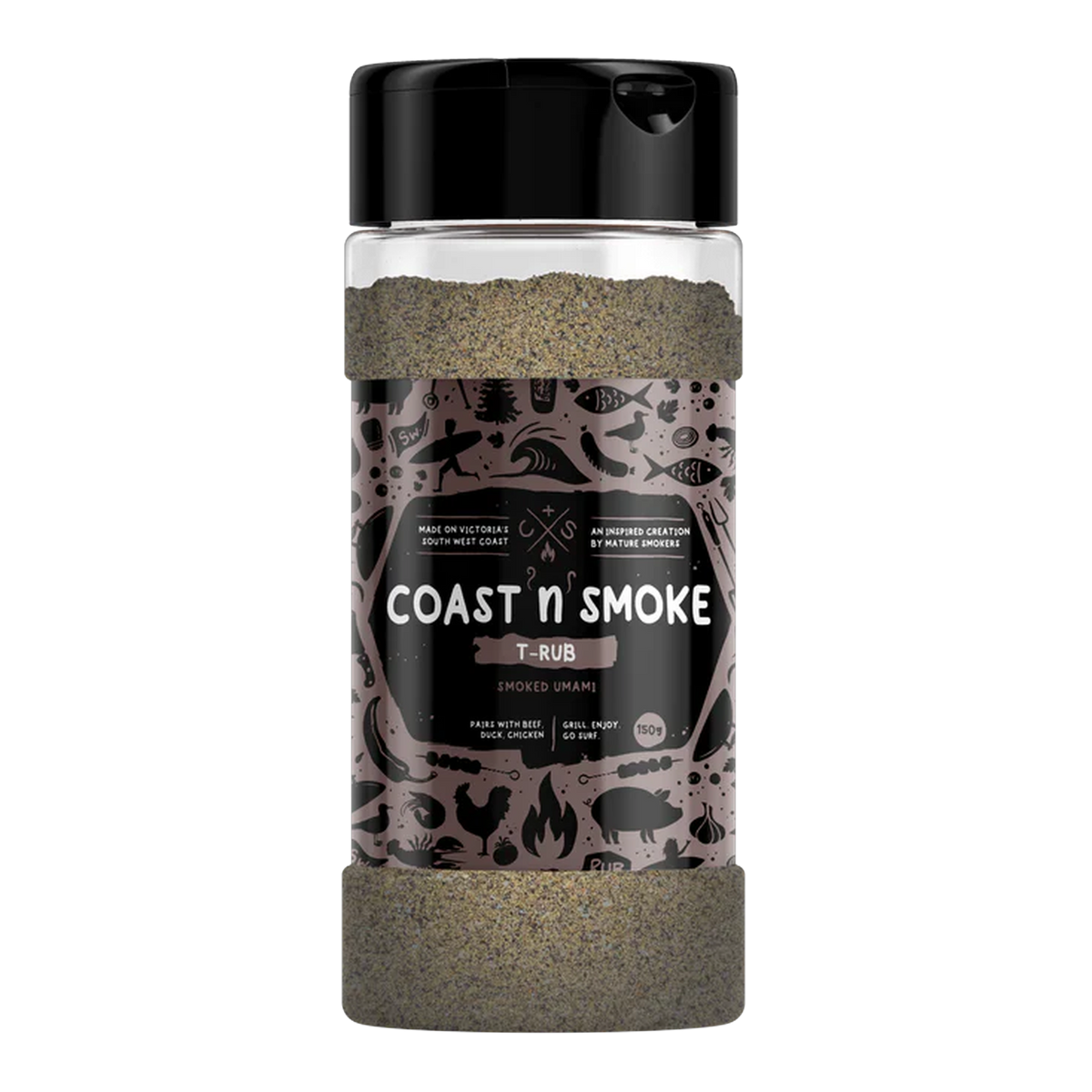 Coast n Smoke T-Rub umami seasoning 150g, front of shaker on transparent background