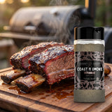 Coast n Smoke T-Rub Umami seasoning — smoked beef short ribs with deep mahogany bark and smoke ring