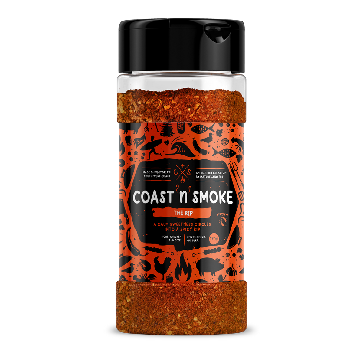 Coast n Smoke The Rip rub 200g, front of shaker on transparent background