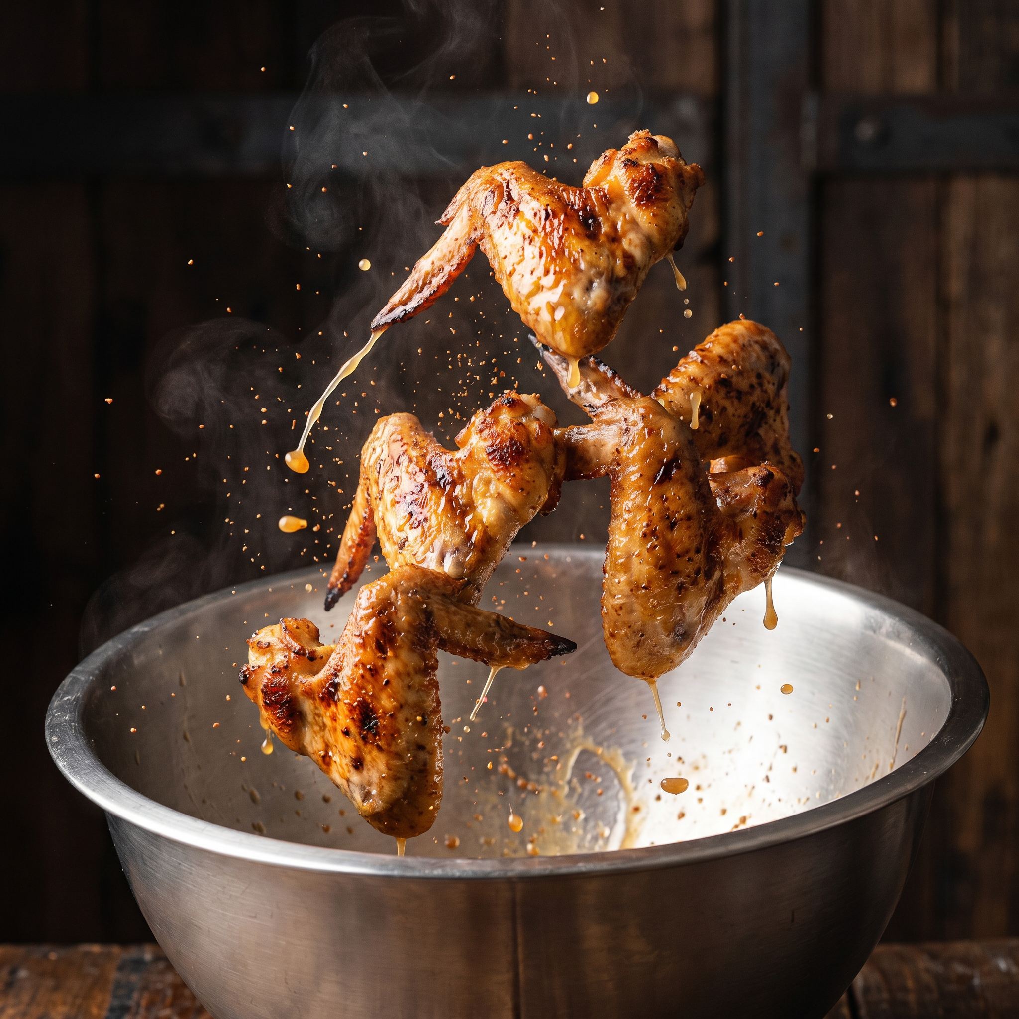 Coast n Smoke Winki-POP Dust — crisp chicken wings caught mid-toss in a bowl, glossy skin glistening