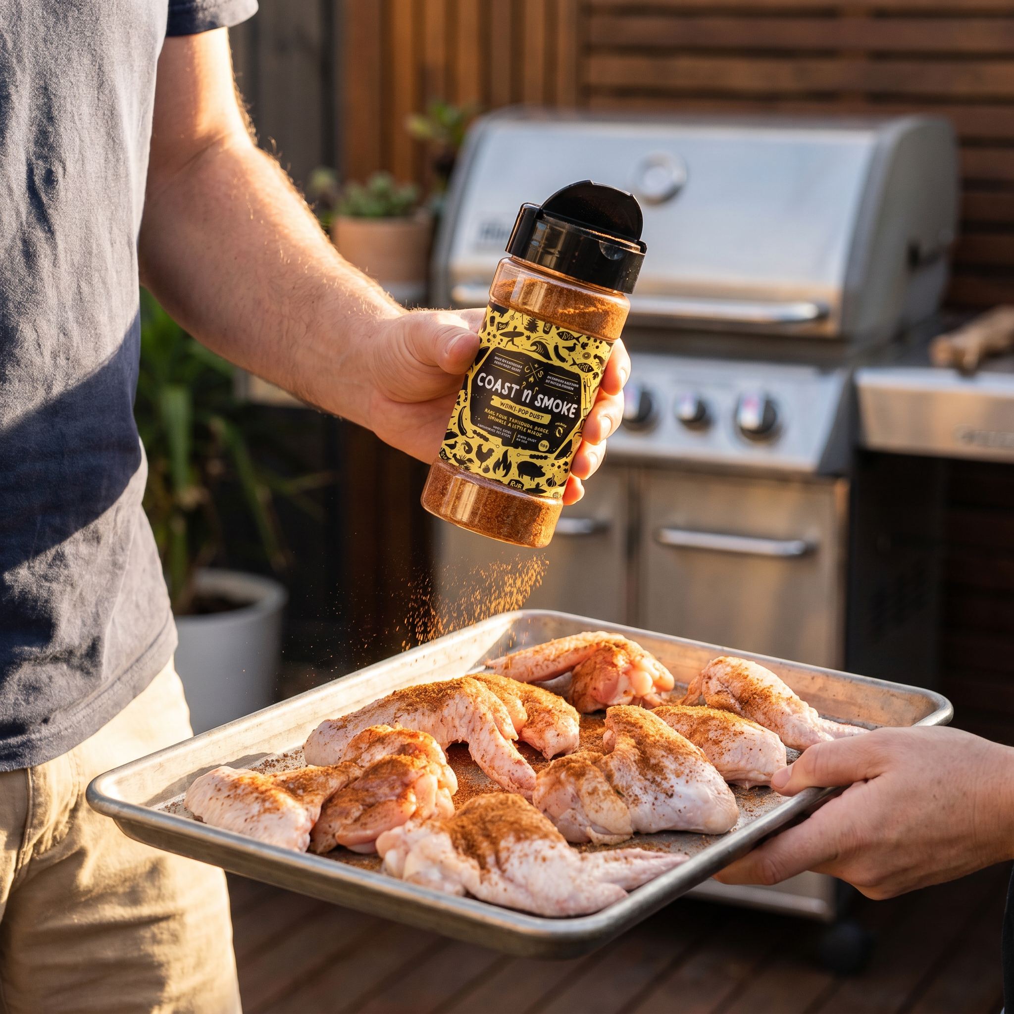Coast n Smoke Winki-POP Dust — cook dusting raw chicken wings heavily with the seasoning on a tray
