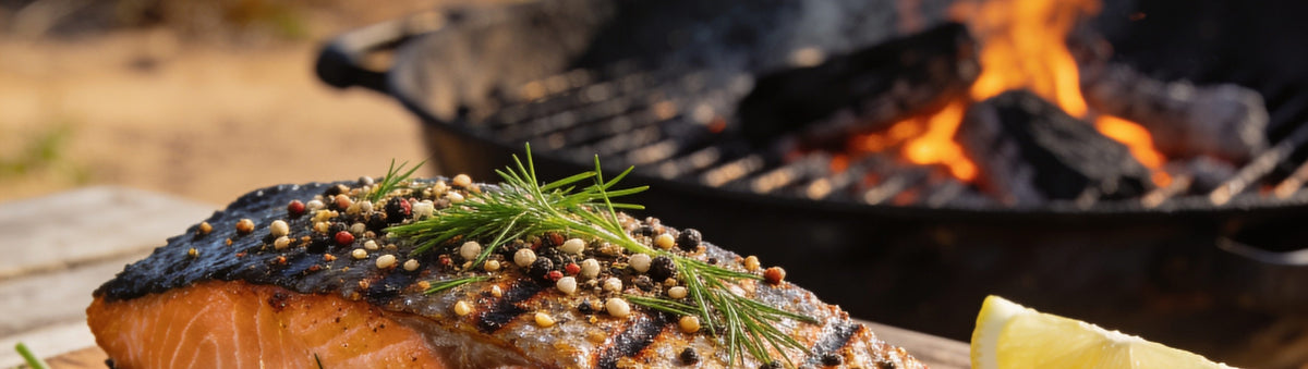 Coast n Smoke Zeally Seasoning Rub 170g banner — grilled peppered salmon fillet with dill on a coastal fire pit table