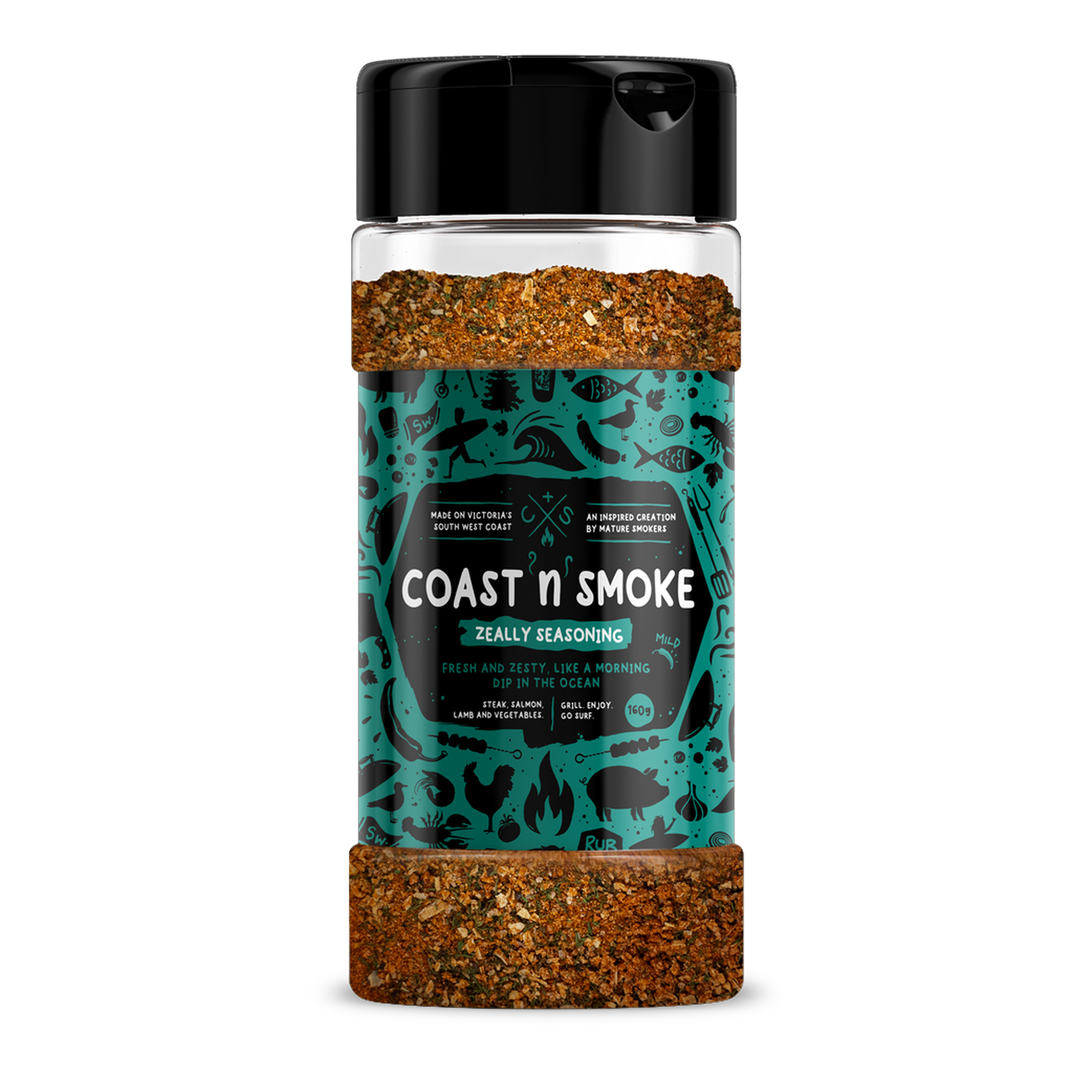 Coast n Smoke Zeally seasoning 170g, front of shaker on transparent background