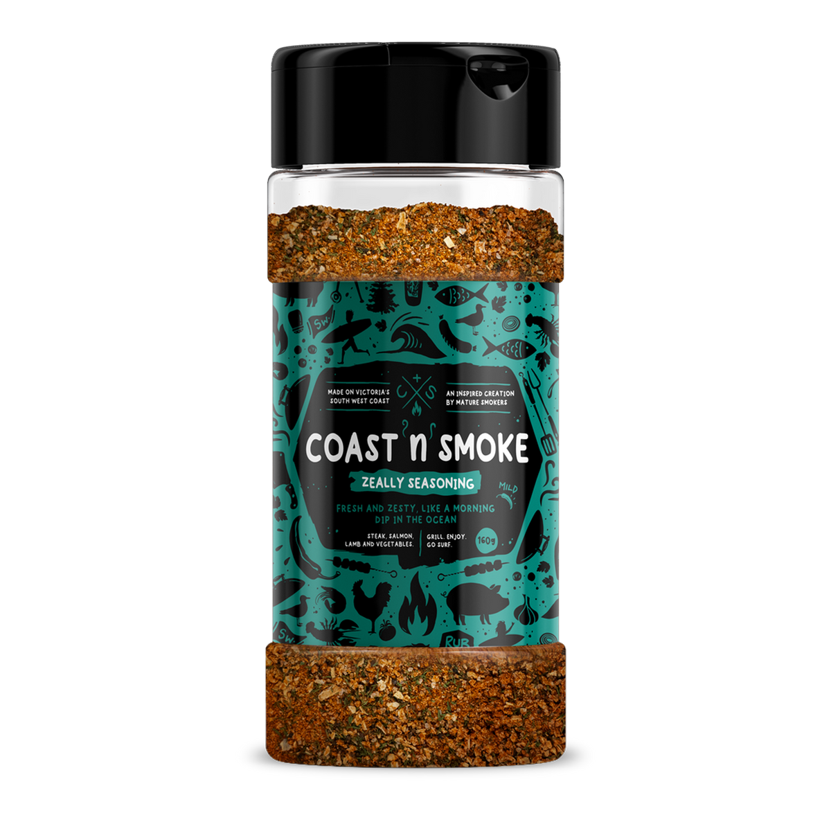 Coast n Smoke Zeally seasoning 170g, front of shaker on transparent background