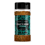 Coast n Smoke Zeally seasoning 170g, front of shaker on transparent background