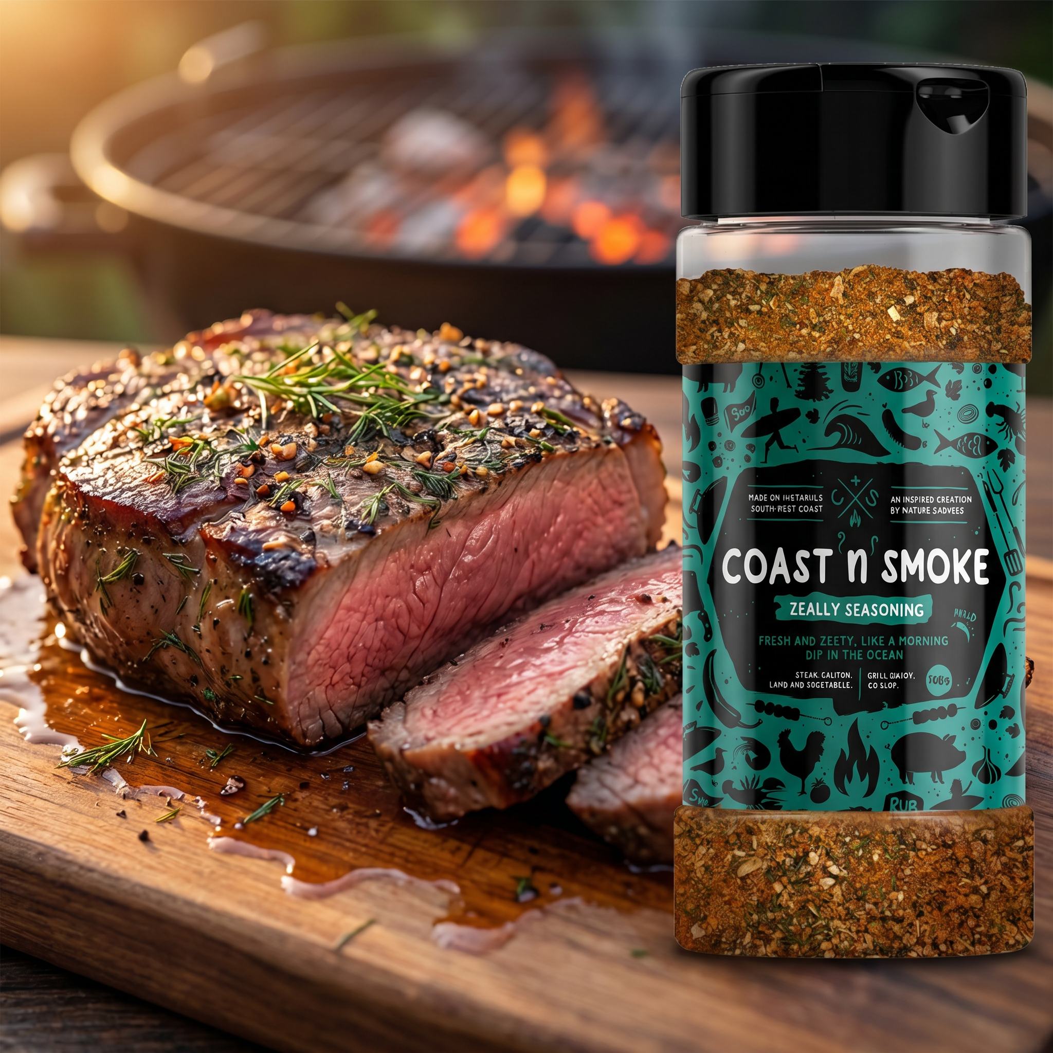 Coast n Smoke Zeally seasoning — thick seared dill-pepper crusted steak sliced to show a juicy rosy interior