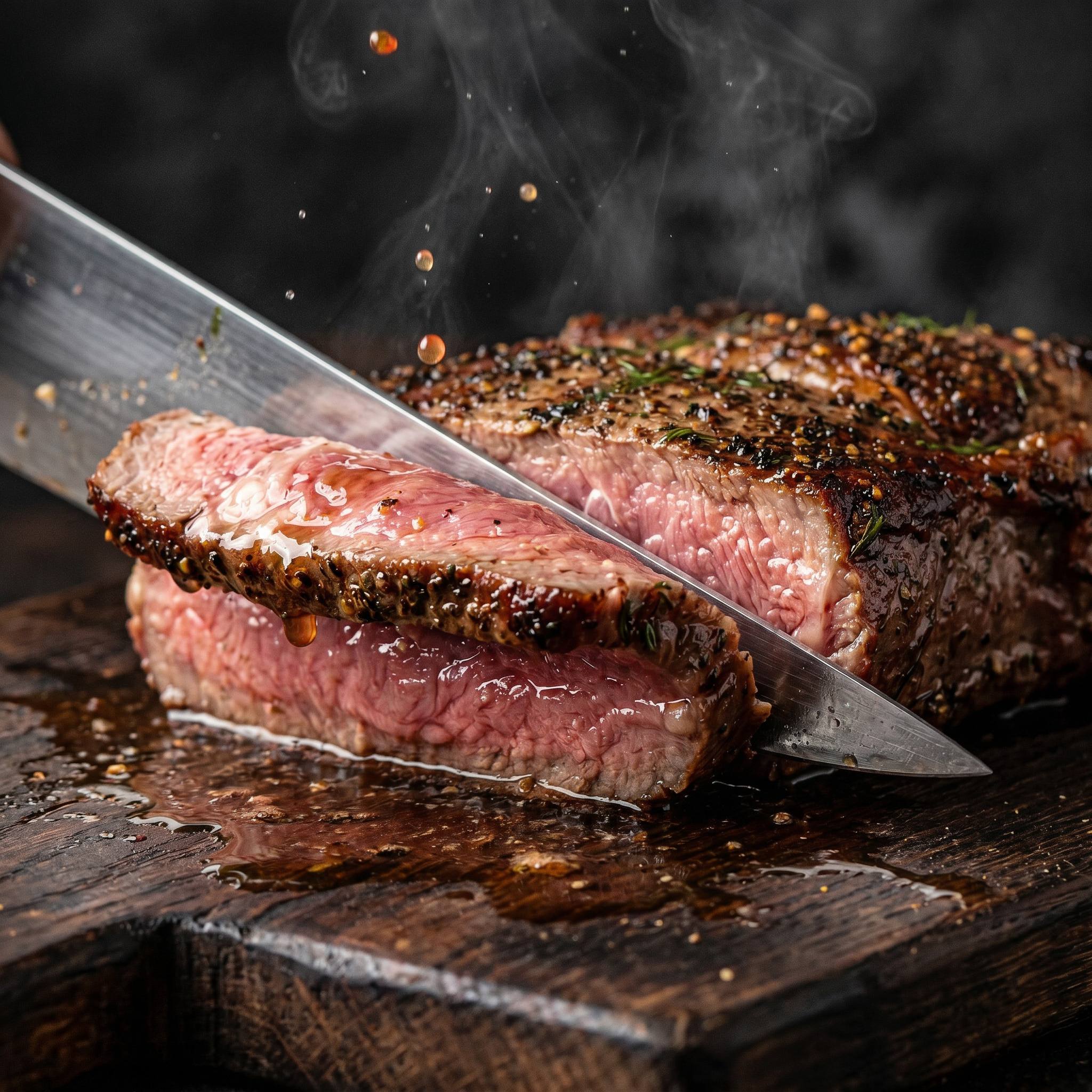 Coast n Smoke Zeally seasoning — slicing a seared steak to reveal a juicy rosy-pink medium interior
