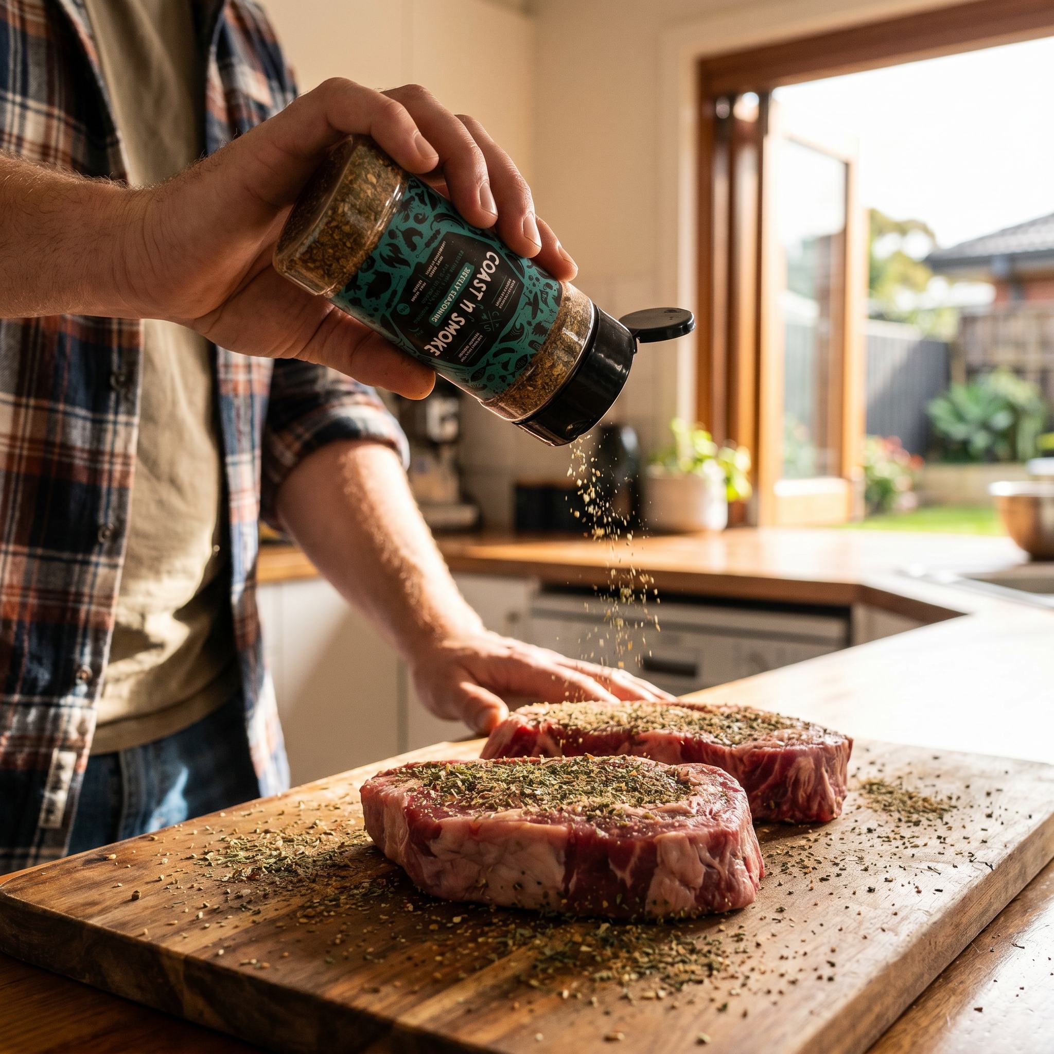 Coast n Smoke Zeally seasoning — home cook seasoning raw steaks with the coarse dill-flecked blend
