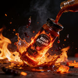 Cobra Chilli Black Harvest Chilli Sauce Super Extreme 150ml Hot Sauce — dynamic fire and splash action shot