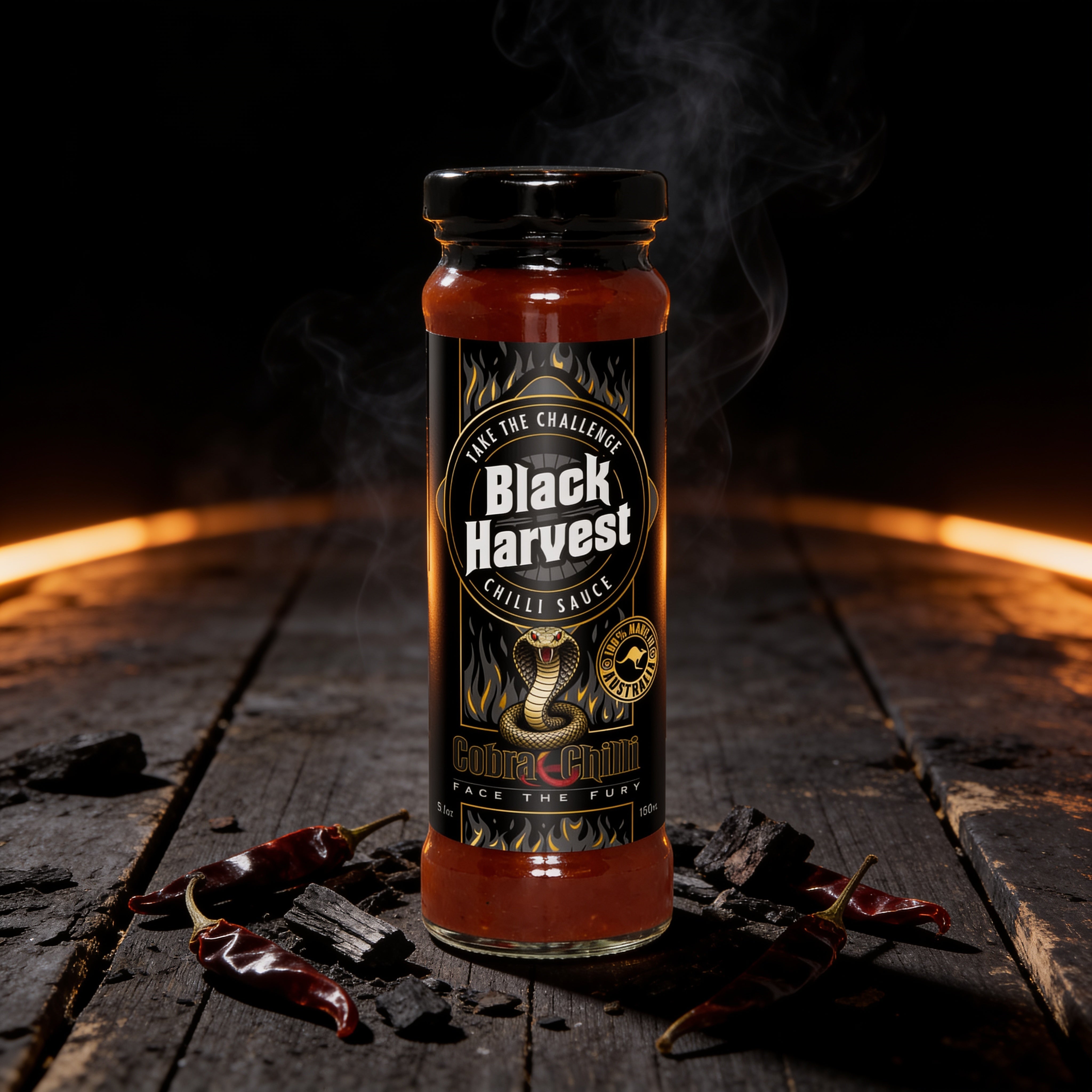 Cobra Chilli Black Harvest Chilli Sauce Super Extreme 150ml Hot Sauce — styled hero beauty shot in the Cobra Chilli dark gothic western aesthetic
