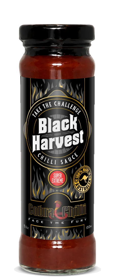 Cobra Chilli Black Harvest Chilli Sauce Super Extreme 150ml Hot Sauce — transparent front cutout of the bottle