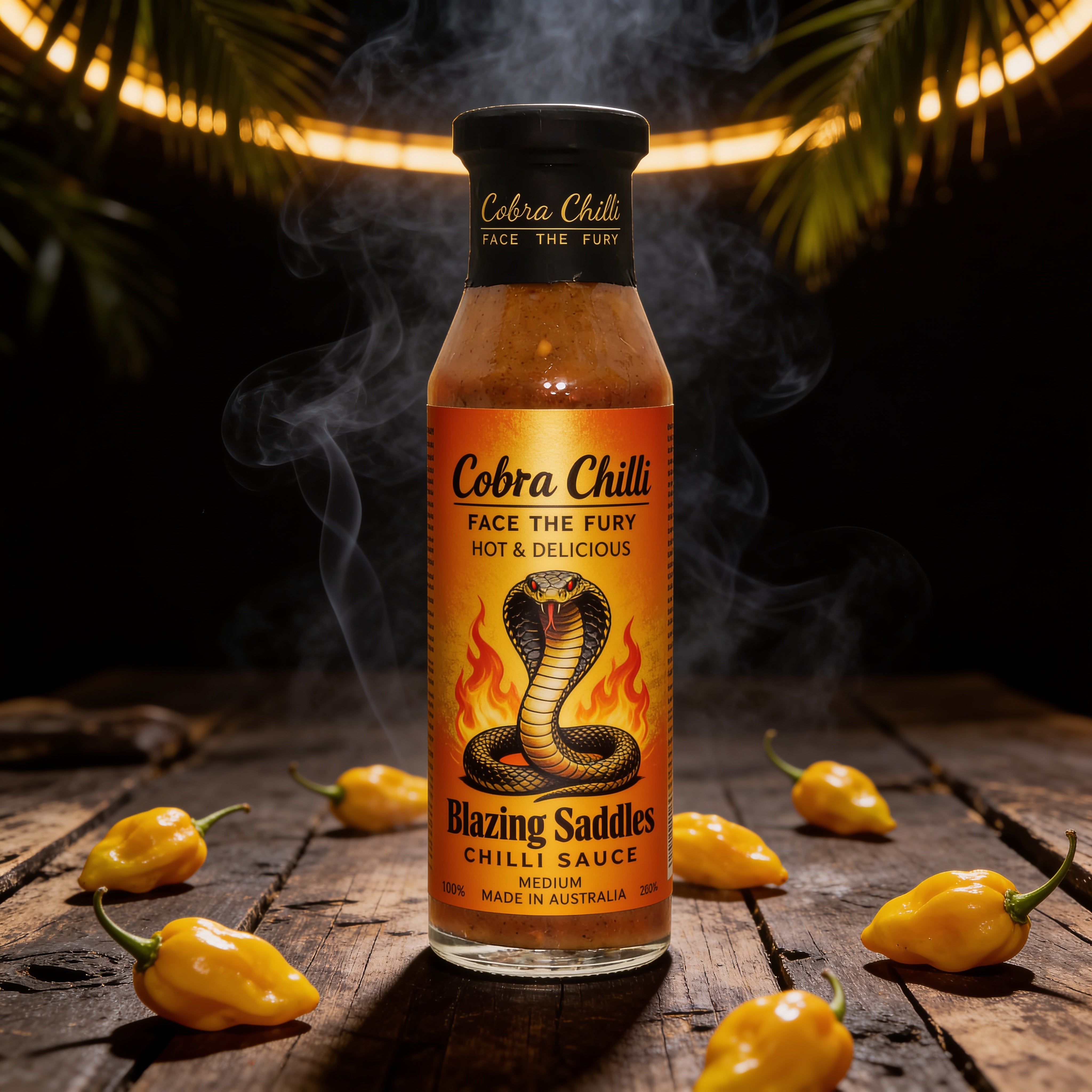 Cobra Chilli Blazing Saddles Chilli Sauce Medium 250ml Hot Sauce — styled hero beauty shot in the Cobra Chilli dark gothic western aesthetic