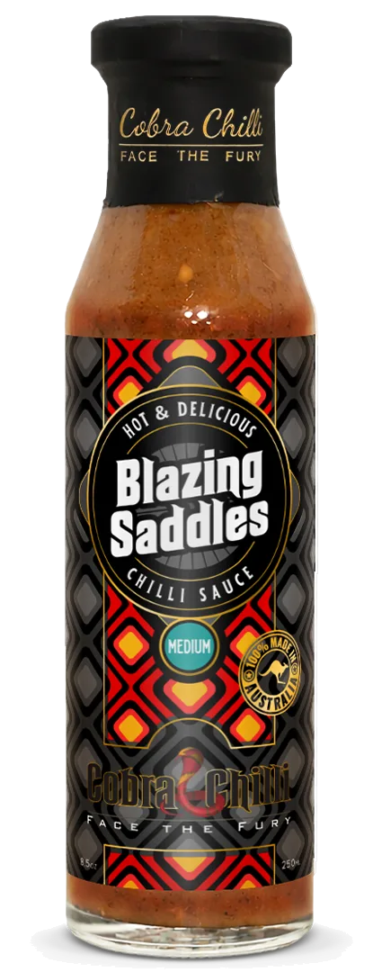 Cobra Chilli Blazing Saddles Chilli Sauce Medium 250ml Hot Sauce — transparent front cutout of the bottle