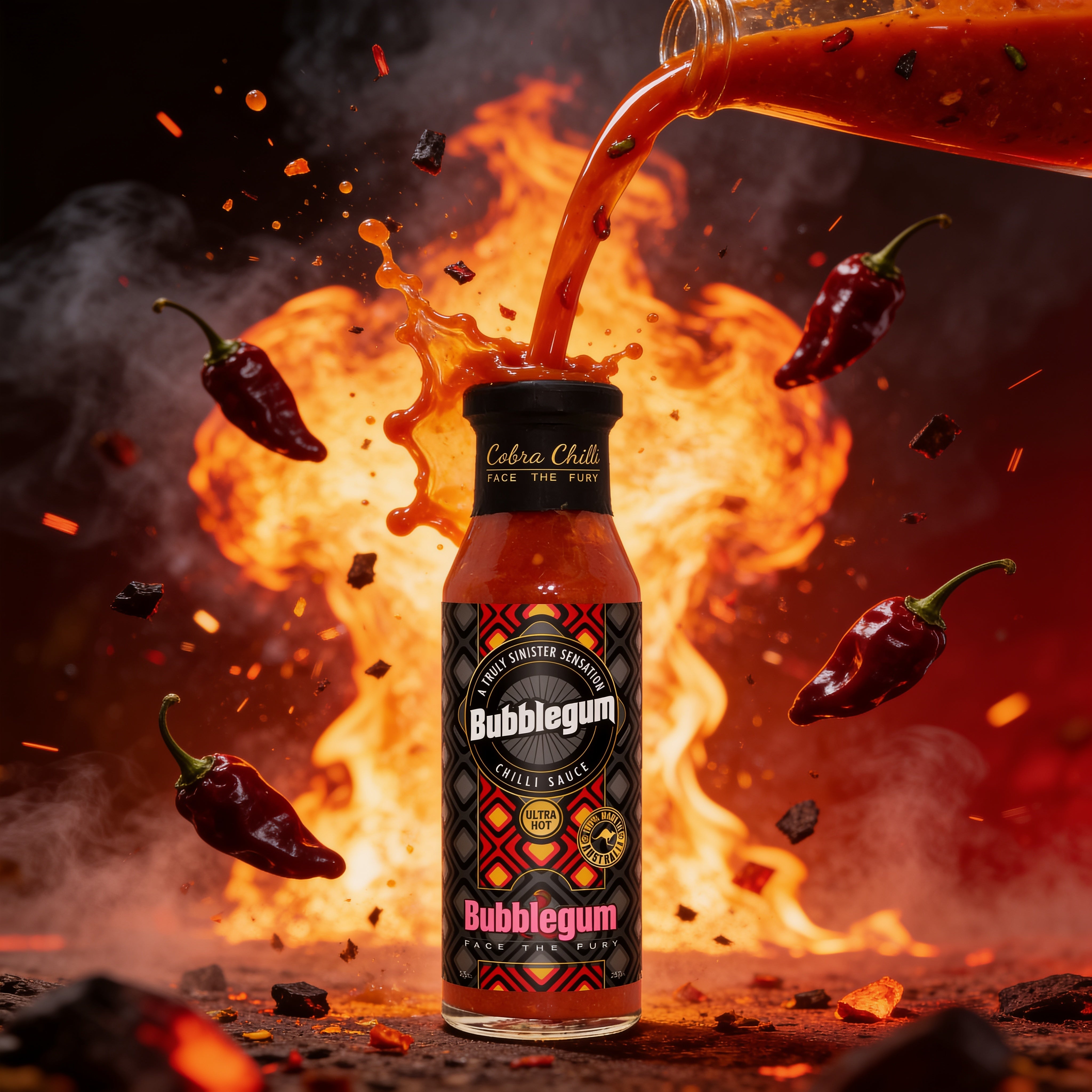 Cobra Chilli Bubblegum Chilli Sauce Ultra Hot 250ml Hot Sauce — dynamic pouring action shot with fire and chilli splash