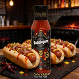 Cobra Chilli Bubblegum Chilli Sauce Ultra Hot 250ml Hot Sauce — drizzled over loaded gourmet hot dogs