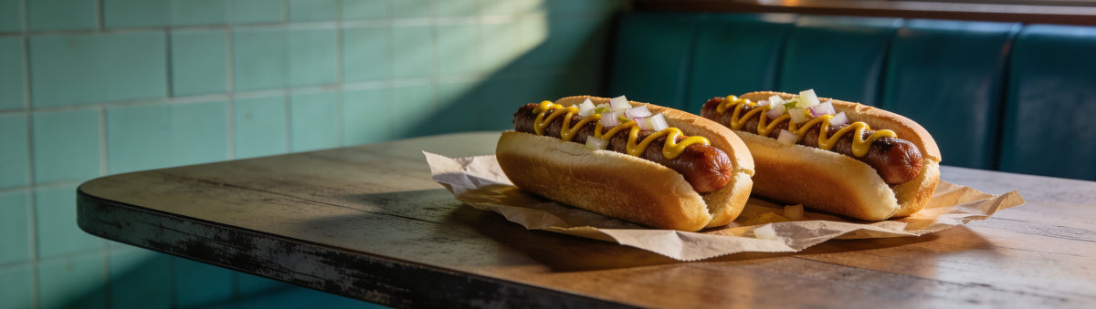 Hot dogs zig-zagged with Cobra Chilli Bubblegum Chilli Sauce and diced onion on a diner table