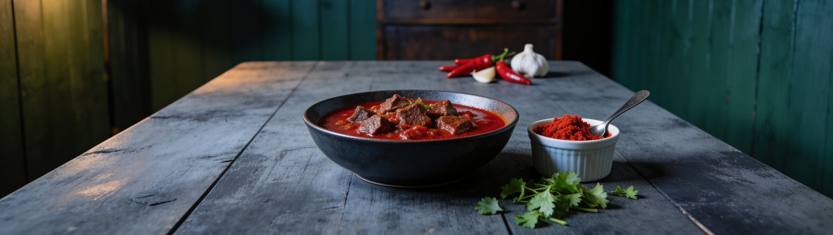 Beef chilli curry with a ramekin of Cobra Chilli Carolina Reaper Chilli Mash on a dining table