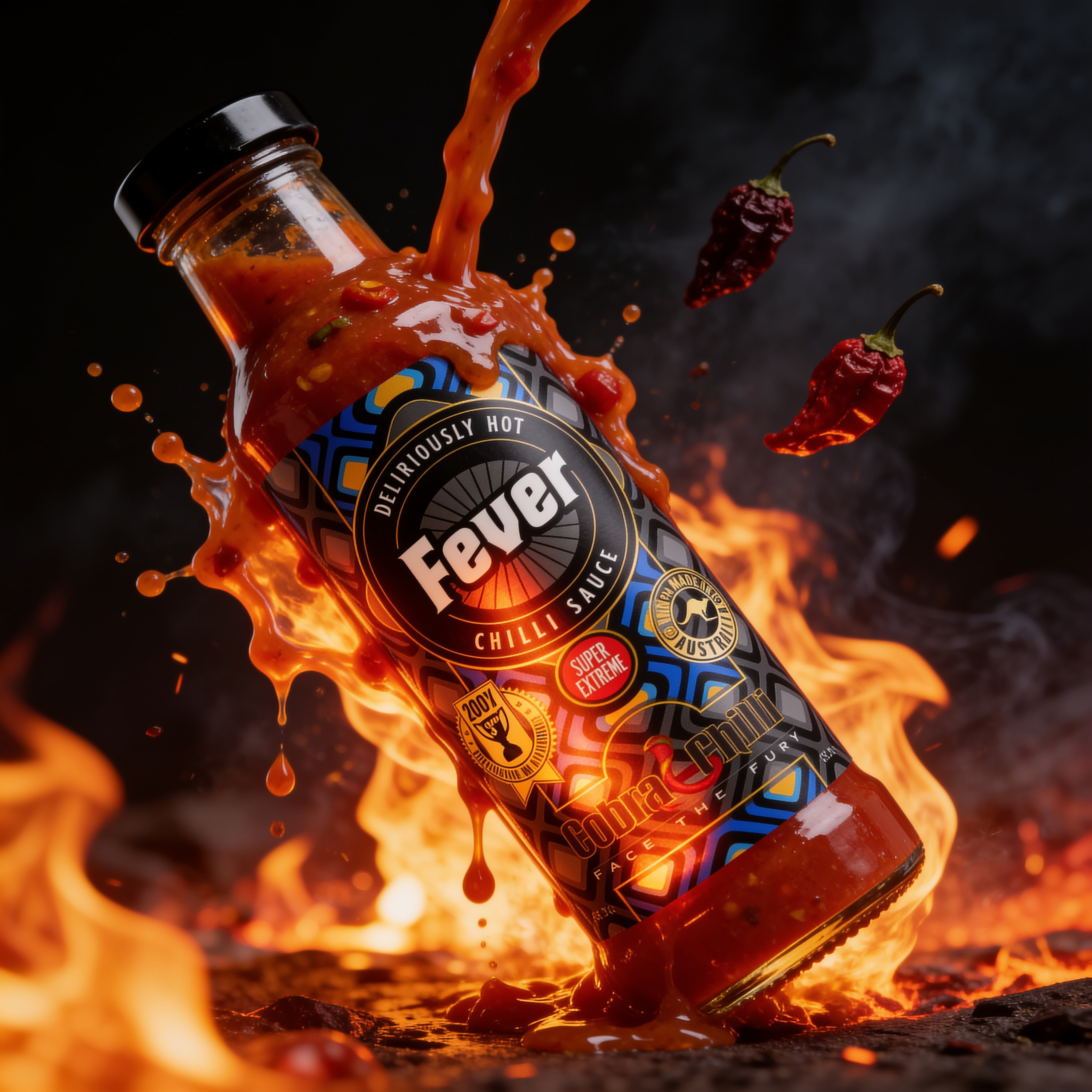 Cobra Chilli Fever Chilli Sauce Extreme 150ml Hot Sauce — dynamic fire and splash action shot