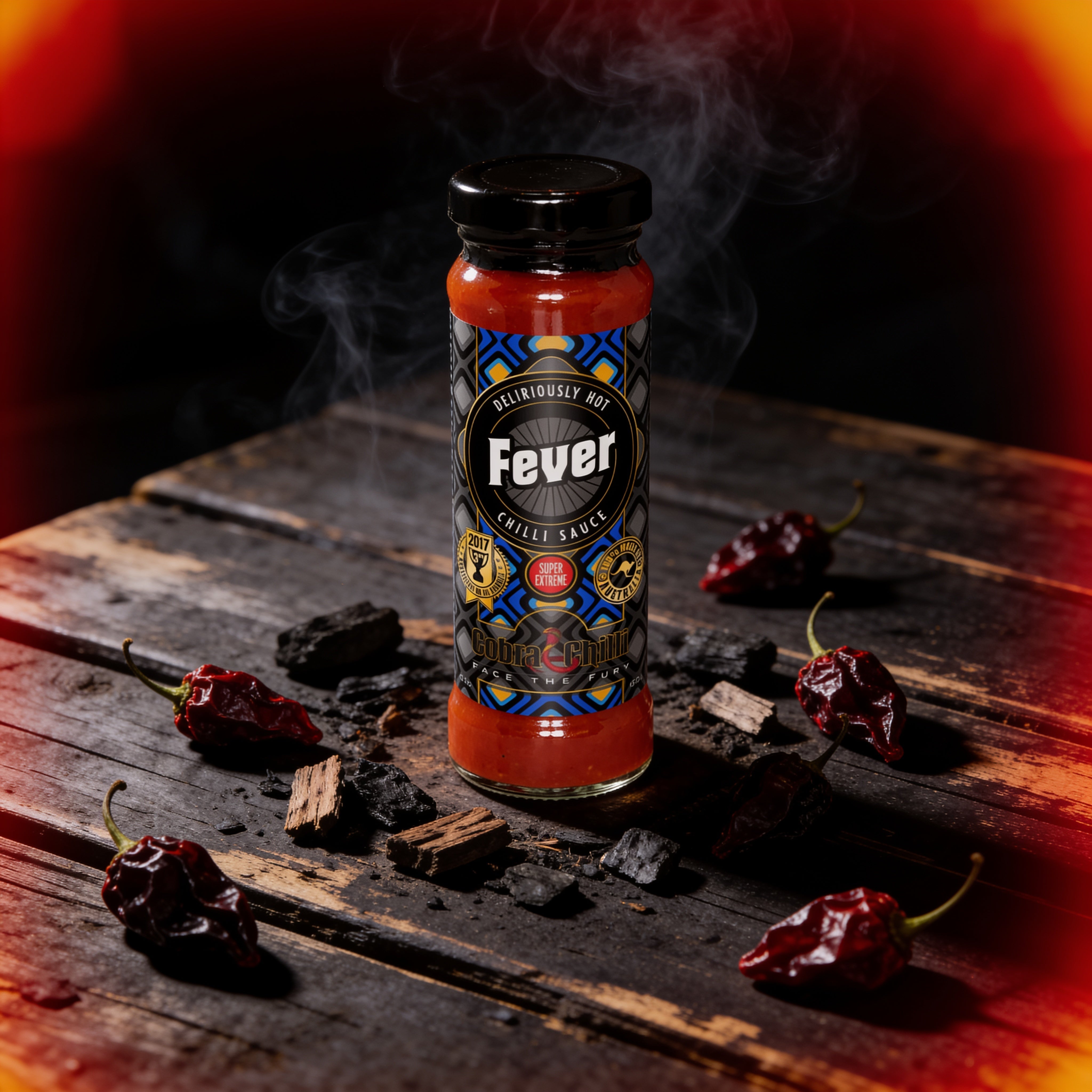 Cobra Chilli Fever Chilli Sauce Extreme 150ml Hot Sauce — styled hero beauty shot in the Cobra Chilli dark gothic western aesthetic