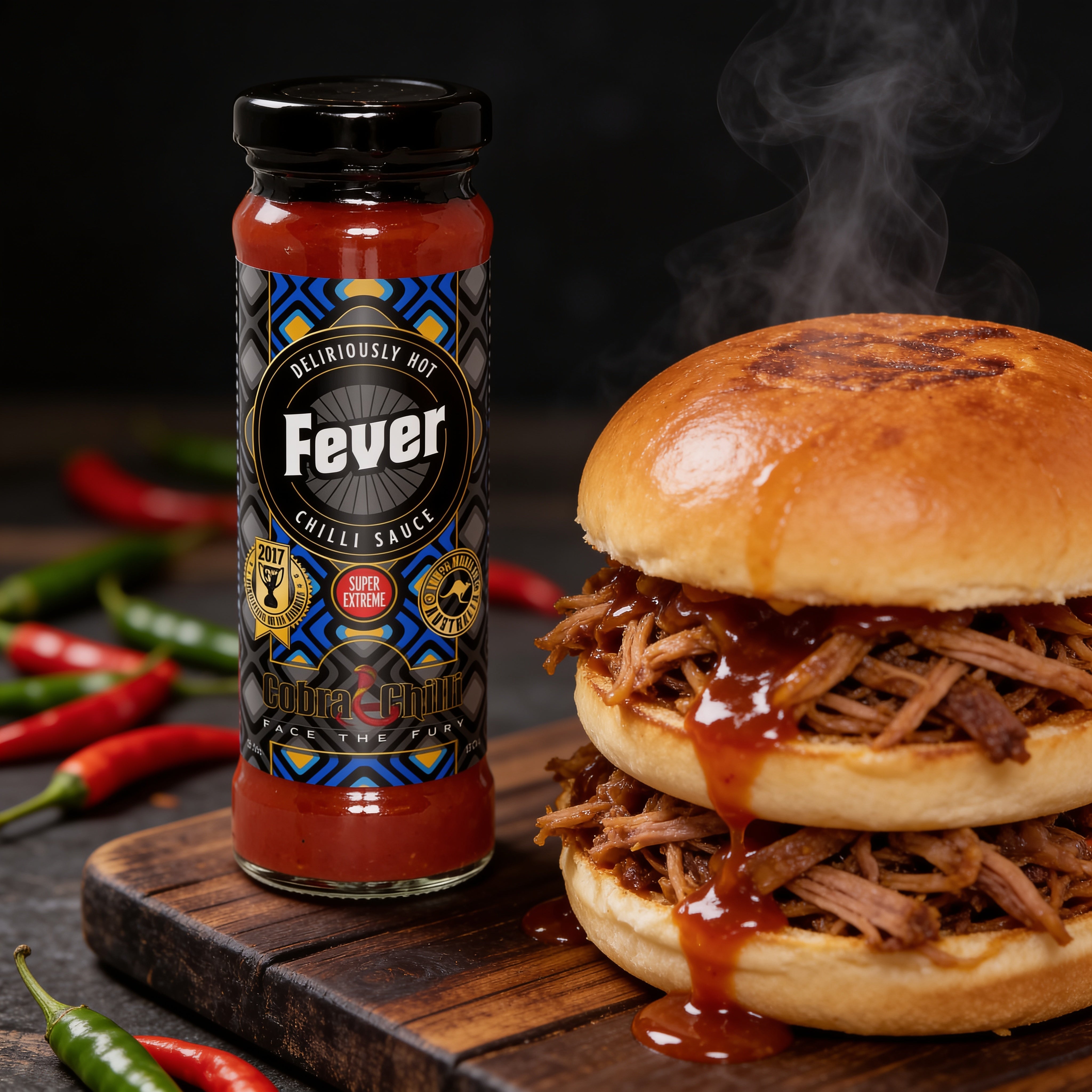 Cobra Chilli Fever Chilli Sauce Extreme 150ml Hot Sauce — drizzled over a stacked pulled pork slider