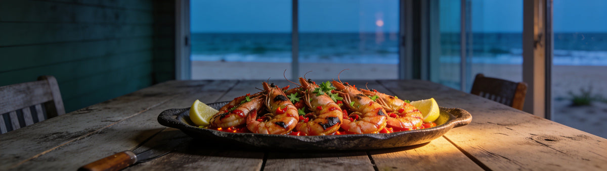 King prawns glossed in Cobra Chilli Fever Chilli Sauce on a platter by a beach-house window at dusk