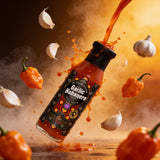 Cobra Chilli Garlic Habanero Chilli Sauce Hot 250ml Hot Sauce — dynamic garlic and habanero splash action shot